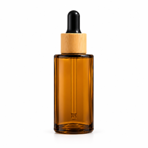 Amber Cylindrical Glass Dropper Bottle with Wood Grain Cap