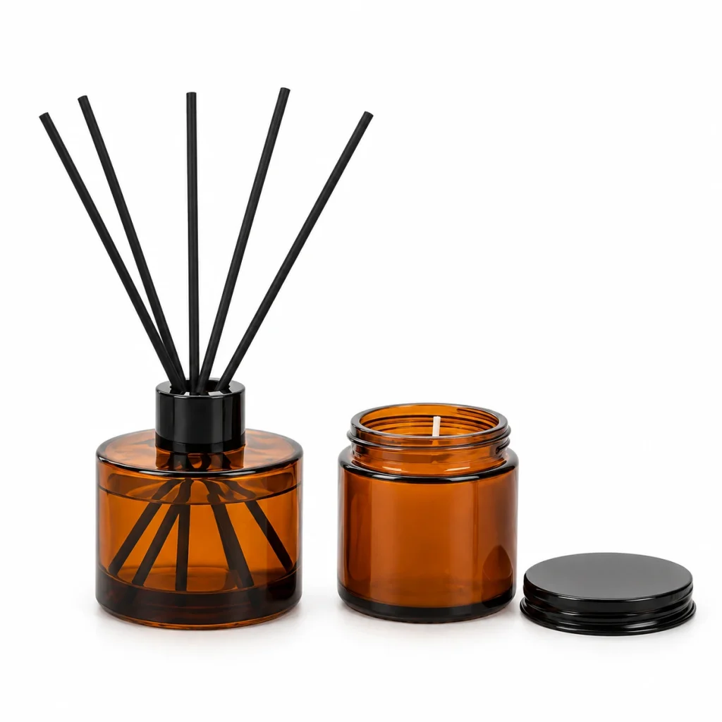 Amber Glass Reed Diffuser Bottle & Candle Jar Collection — DB0037 — main white background