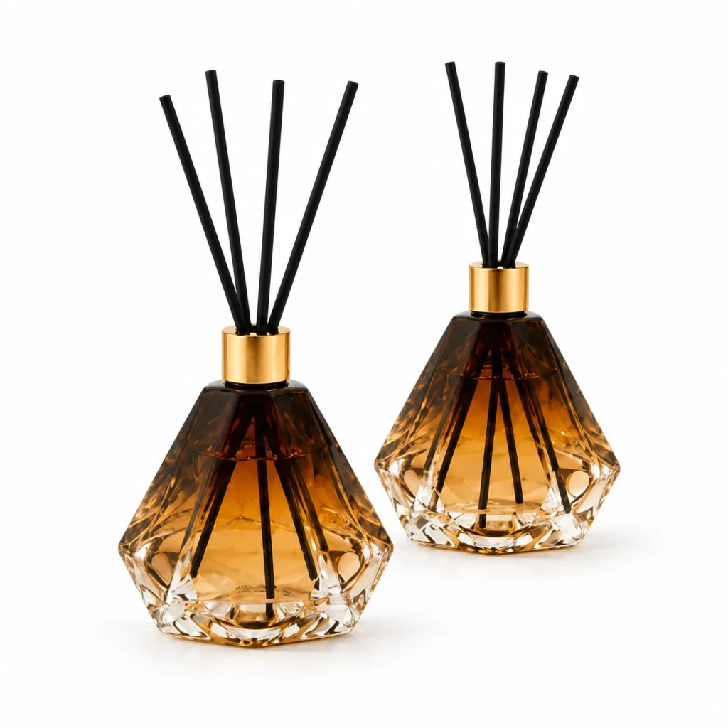 Amber Ombre Faceted Glass Reed Diffuser Bottle with Gold Cap — DB0024 — main white background