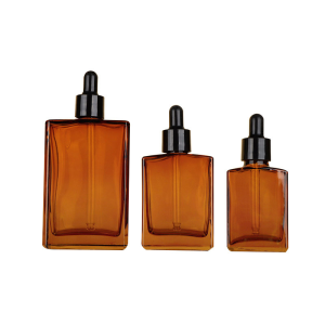 Amber Rectangular Glass Dropper Bottles with Black Caps