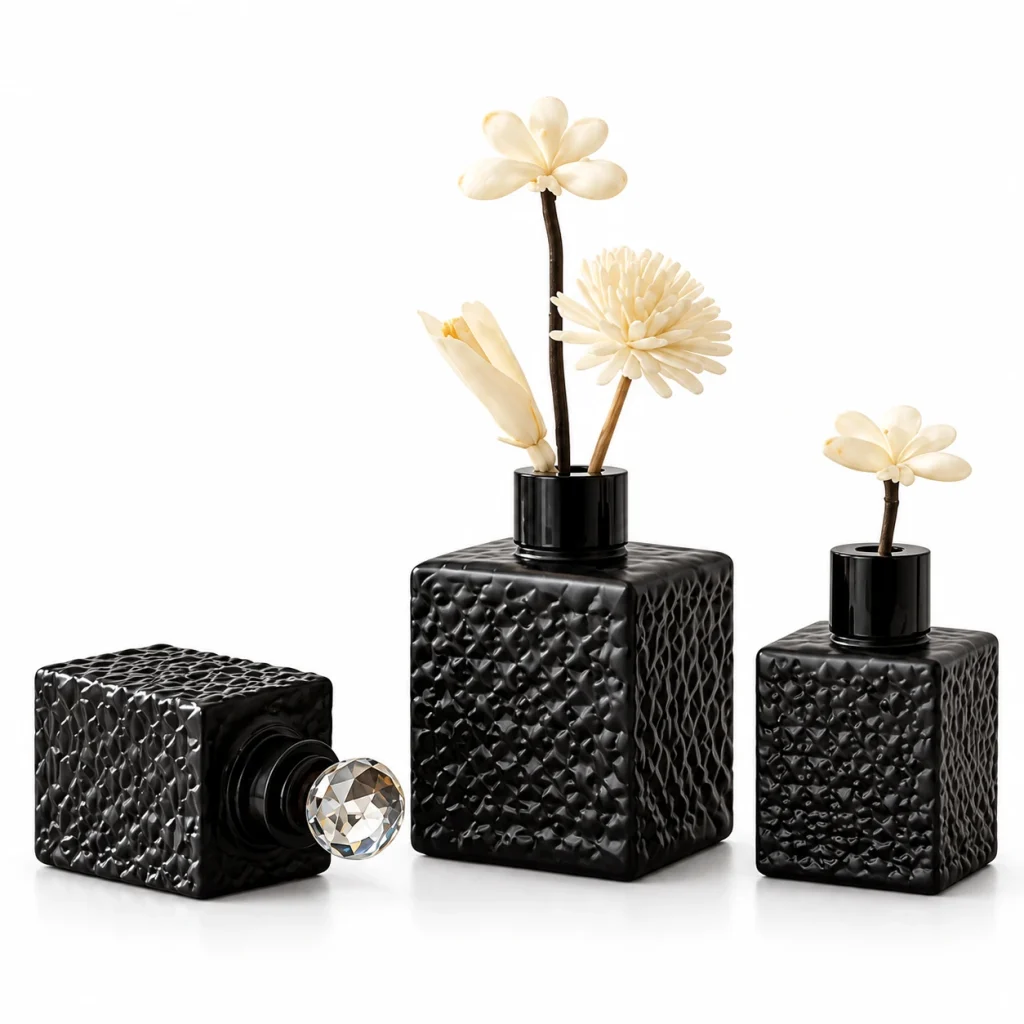 Black Textured Square Glass Reed Diffuser Bottle — DB0005 — main white background