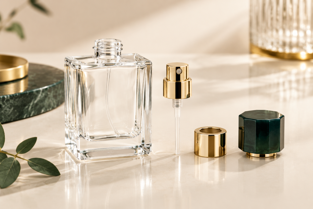 Clear glass perfume bottle with gold sprayer, collar and dark green cap