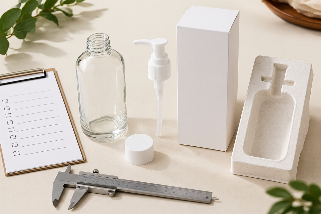 Clear glass bottle with a white pump, carton, protective insert and sample review tools