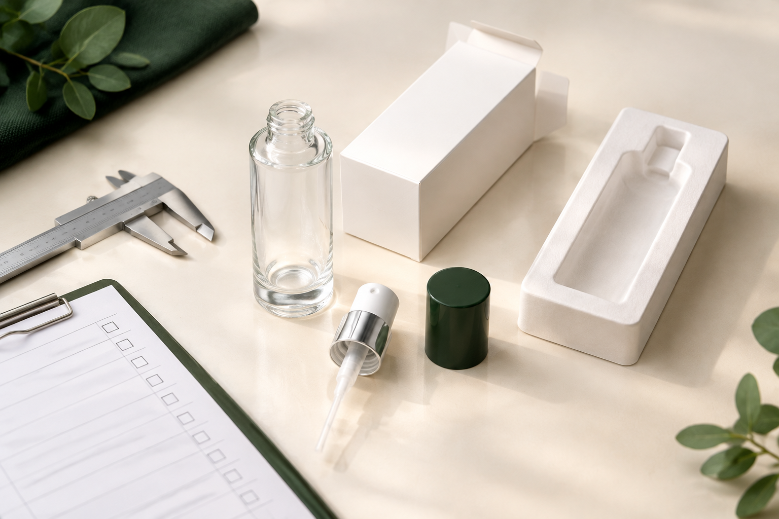 Glass packaging sample with sprayer, cap, carton, insert, caliper and checklist