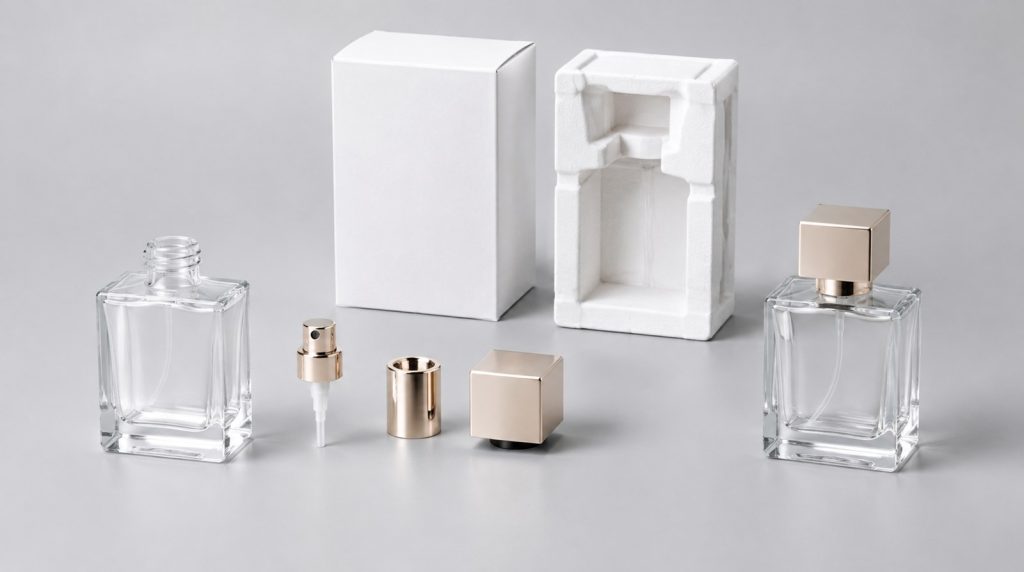 Glass perfume bottle packaging with spray pump, cap, box and protective insert