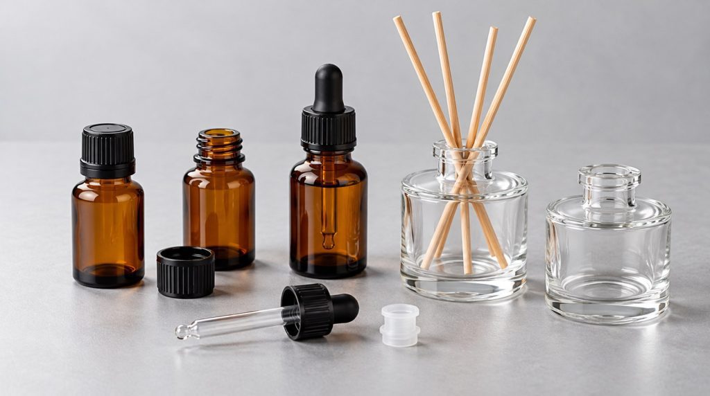 Amber essential oil bottles and clear diffuser bottles with droppers and caps
