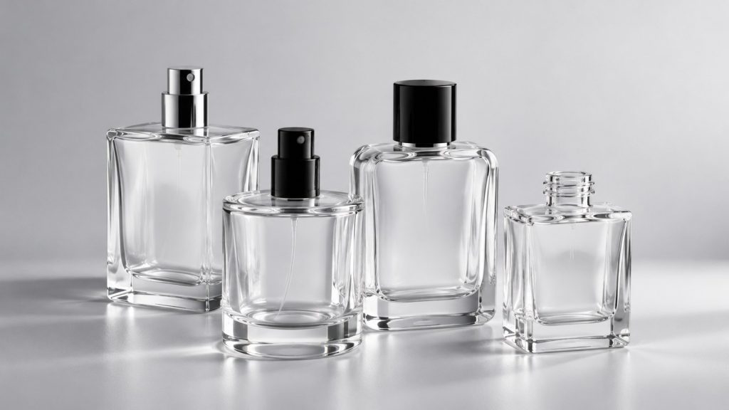 Glass perfume bottles with different shapes, spray pumps and caps