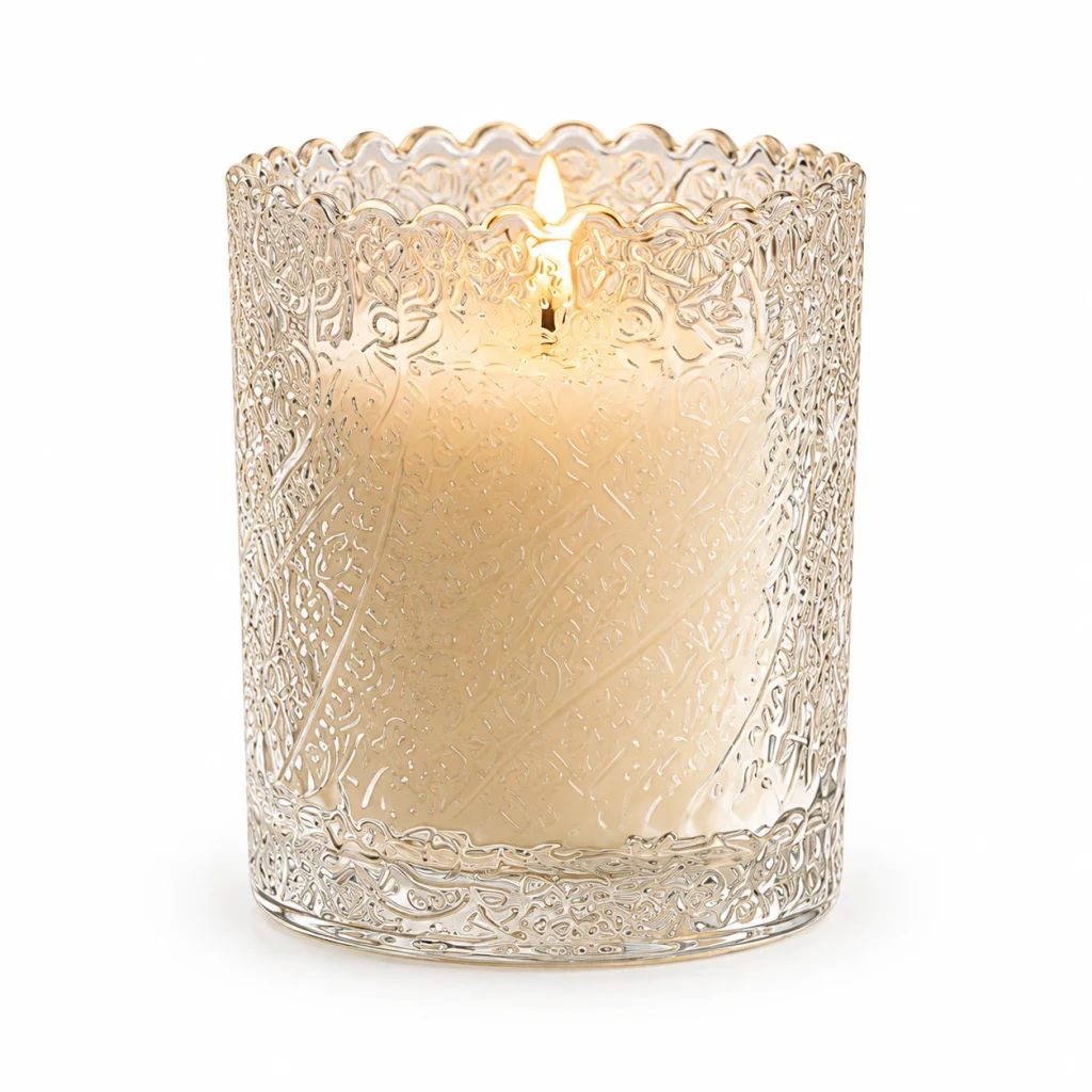 Clear Embossed Glass Candle Jar with Scalloped Rim — CJ008 — main white background