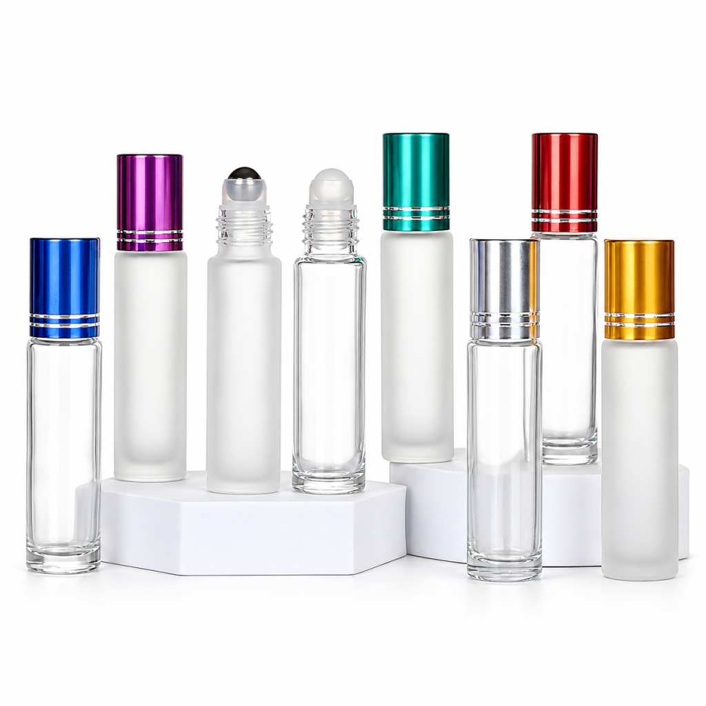 Clear & Frosted Glass Roll-On Perfume Bottle with Metallic Cap