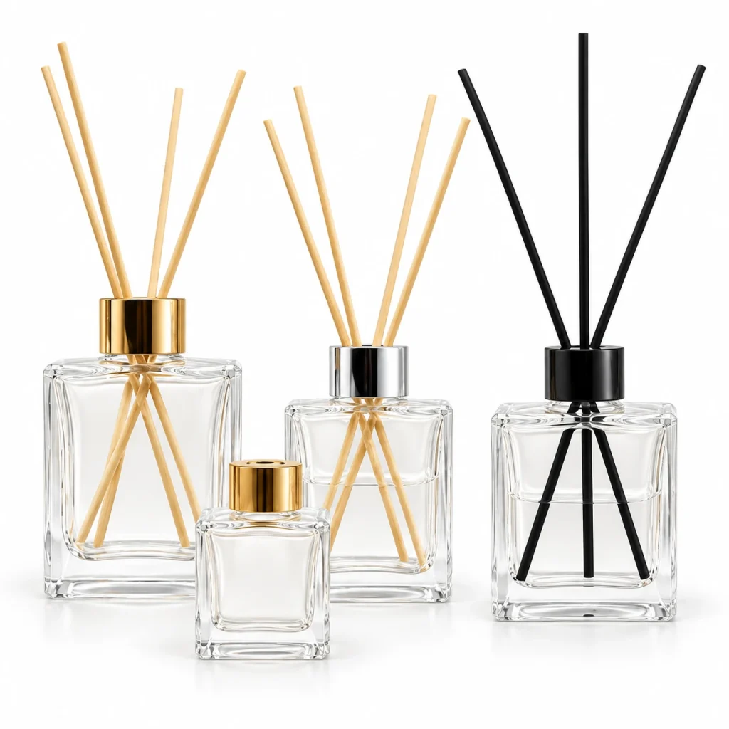 Clear Rectangular Glass Reed Diffuser Bottle – Multiple Sizes & Cap Colors — DB0013 — main white background