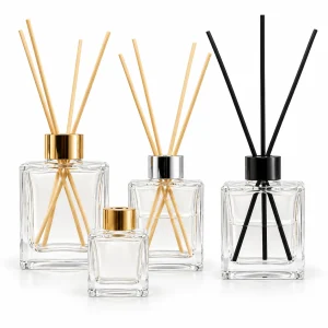 Clear Rectangular Glass Reed Diffuser Bottle – Multiple Sizes & Cap Colors — DB0013 — main white background