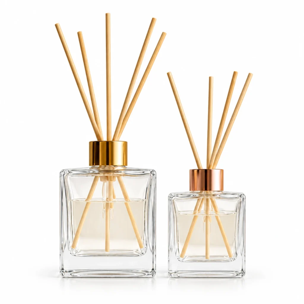 Clear Rectangular Glass Reed Diffuser Bottle with Gold or Rose Gold Cap — DB0010 — main white background