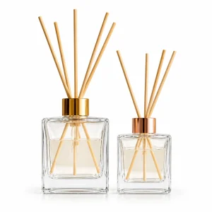 Clear Rectangular Glass Reed Diffuser Bottle with Gold or Rose Gold Cap — DB0010 — main white background