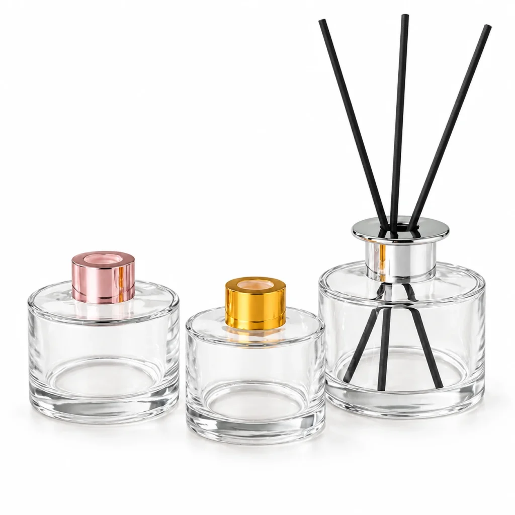 Clear Round Glass Reed Diffuser Bottle with Metallic Collar — DB0038 — main white background