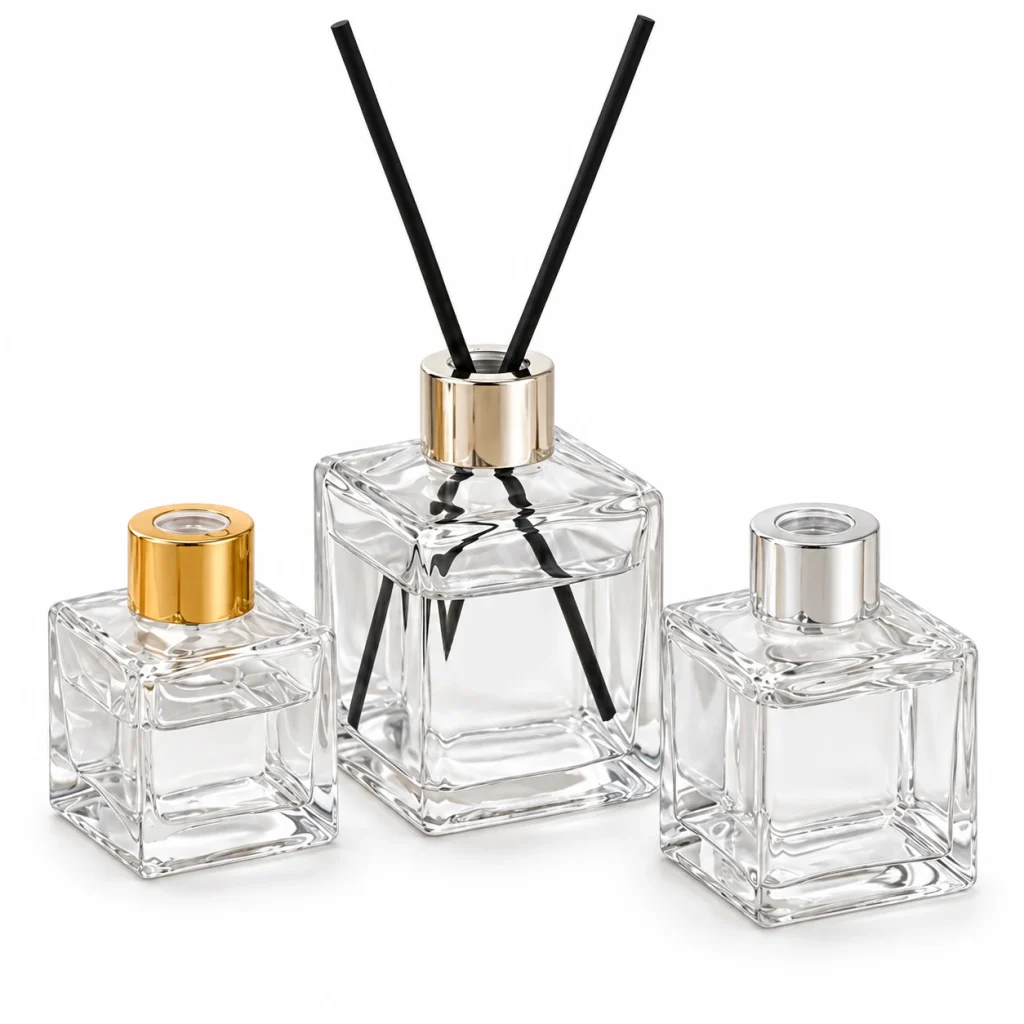Clear Square Glass Reed Diffuser Bottle with Metallic Collar — DB0034 — main white background