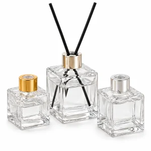 Clear Square Glass Reed Diffuser Bottle with Metallic Collar — DB0034 — main white background