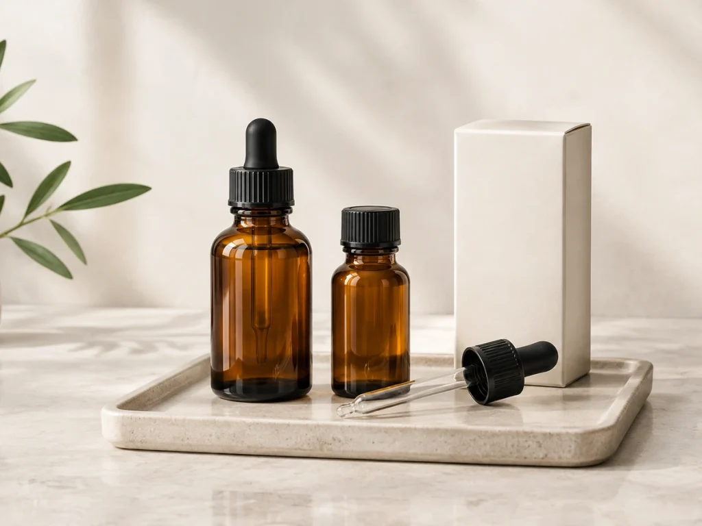 Amber essential oil bottles and matching closures concept illustration