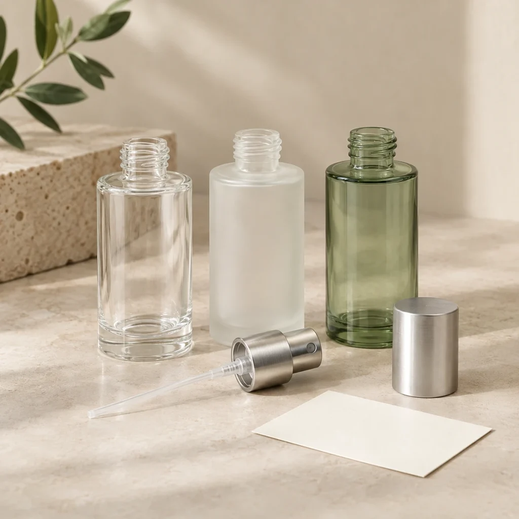 Clear, frosted and colored glass with matching closure details