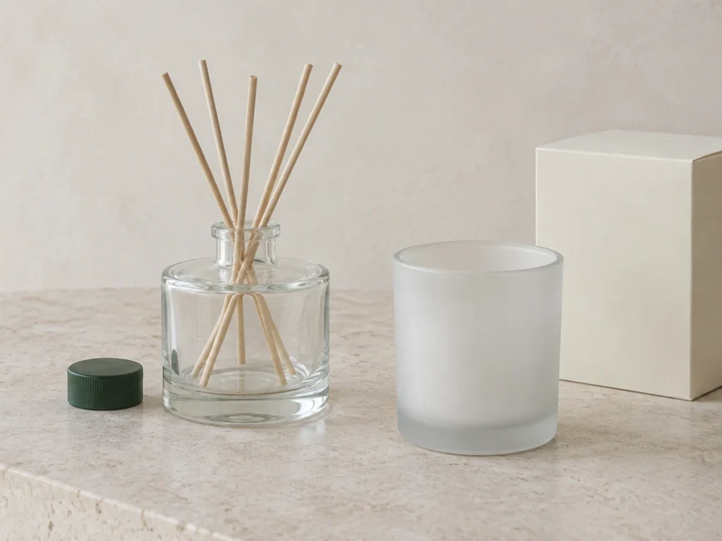 Diffuser bottle and candle jar packaging concept illustration