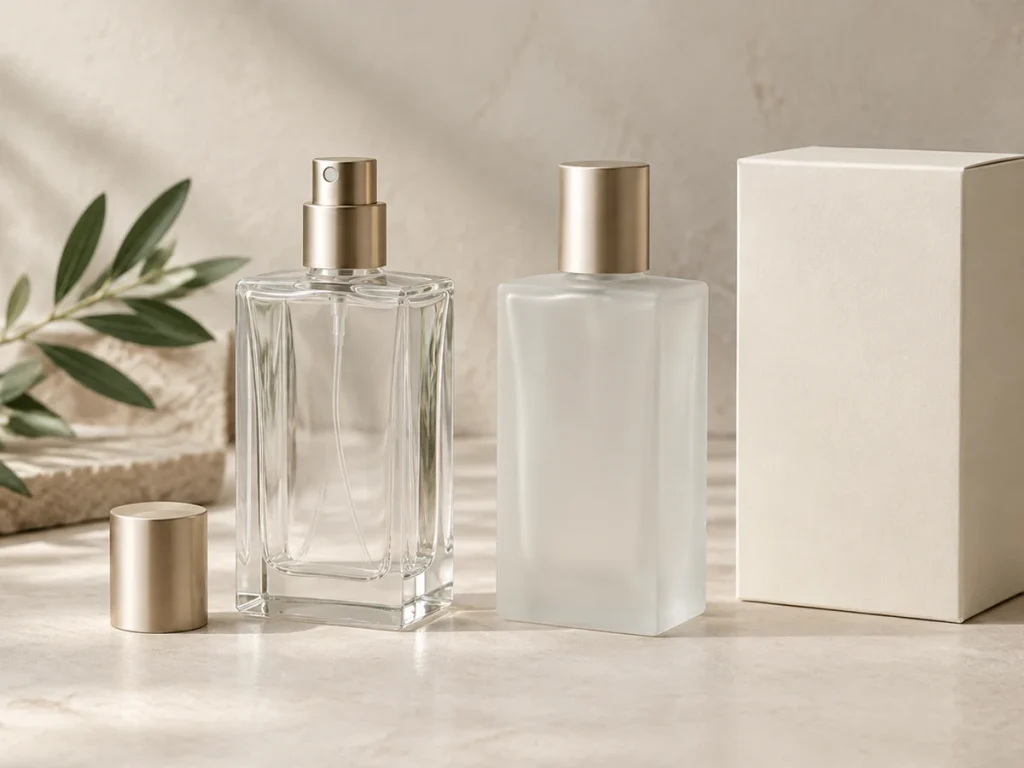 Perfume bottle, sprayer, cap and carton concept illustration