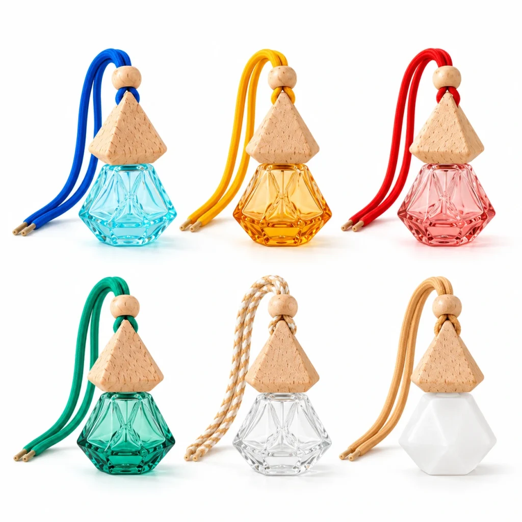 Faceted Glass Hanging Car Diffuser Bottle with Wooden Cap — DB0022 — main white background