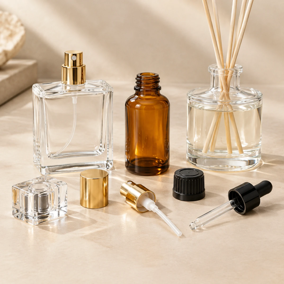 Glass perfume, essential oil and diffuser bottles with matching closures