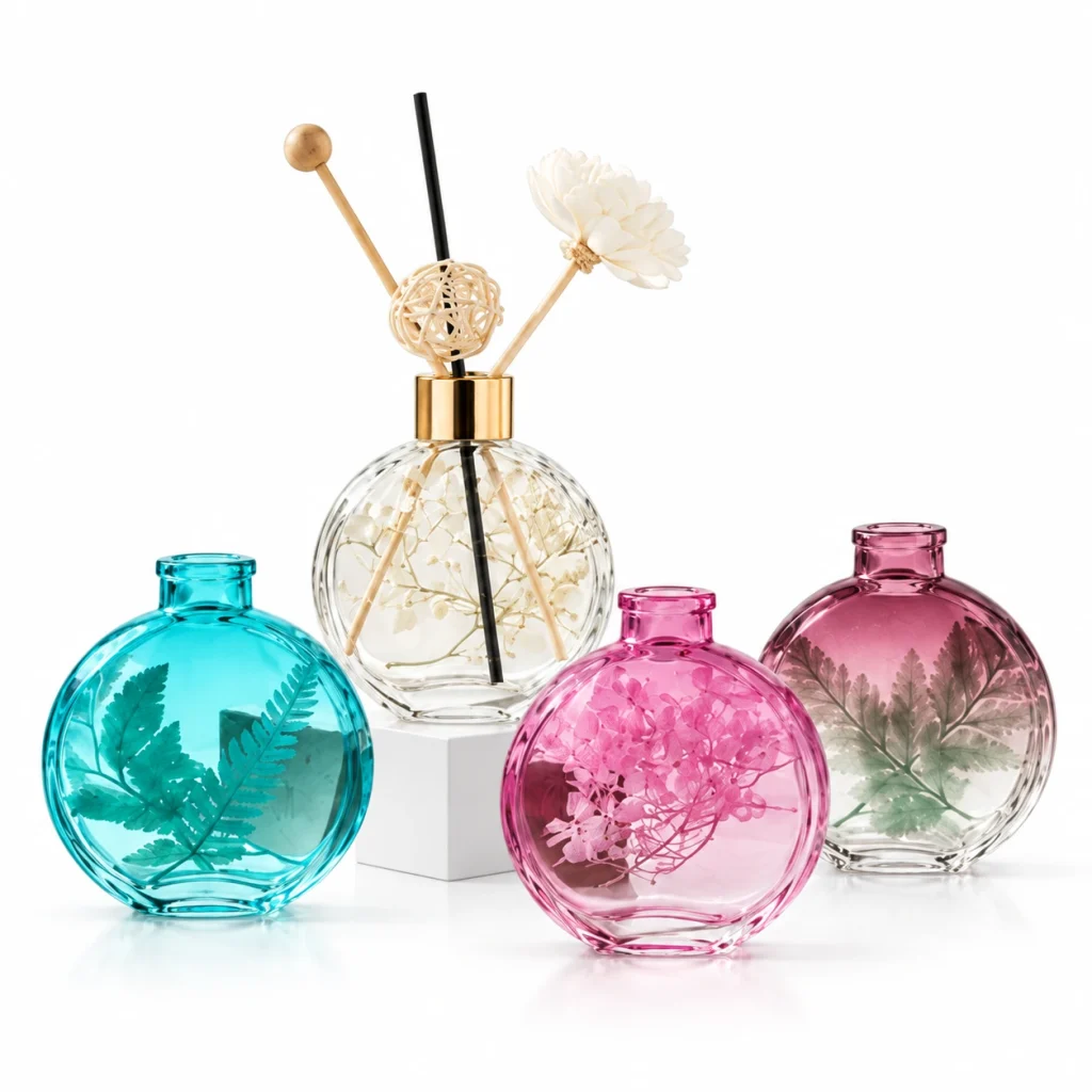 Flat Round Glass Reed Diffuser Bottle – Botanical Style — DB0018 — main white background