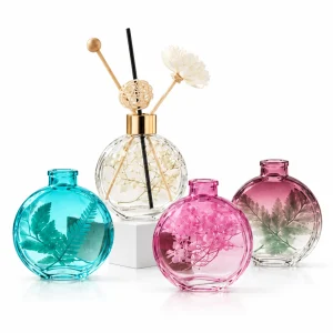 Flat Round Glass Reed Diffuser Bottle – Botanical Style — DB0018 — main white background