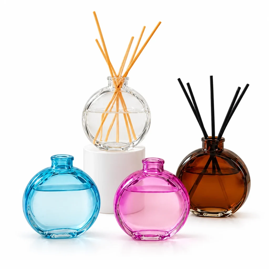 Flat Round Glass Reed Diffuser Bottle – Multiple Colors — DB0006 — main white background