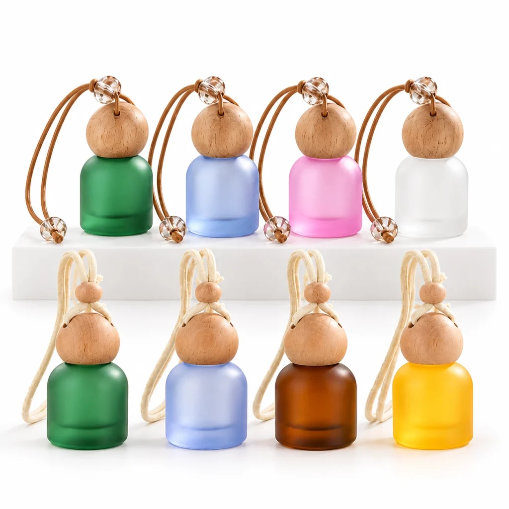 Frosted Glass Hanging Car Diffuser Bottle with Round Wooden Cap — DB0014 — main white background
