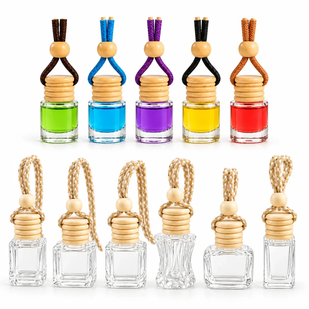 Glass Hanging Car Diffuser Bottle with Ribbed Wooden Cap — DB0027 — main white background