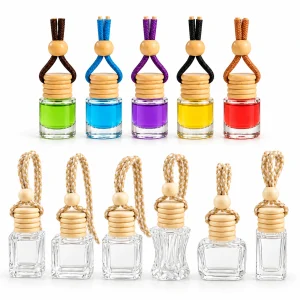 Glass Hanging Car Diffuser Bottle with Ribbed Wooden Cap — DB0027 — main white background