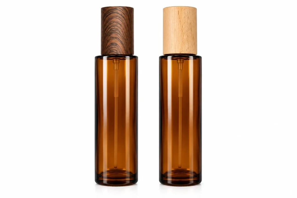 Luxury Amber Glass Spray Bottle with Wood Grain Cap — LB004 — main product