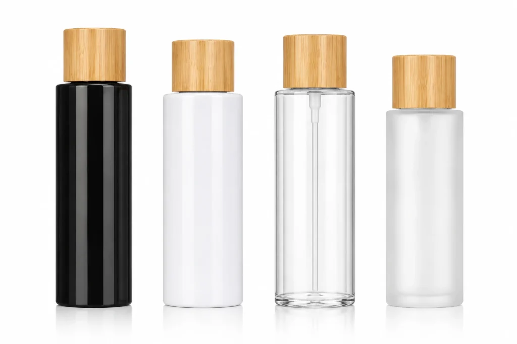 Luxury Cylindrical Cosmetic Bottle with Natural Wood Grain Cap — LB014 — main product