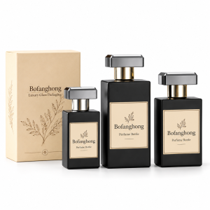 Matte Black Rectangular Glass Perfume Bottle with Faceted Cap