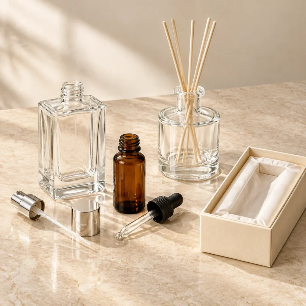 Glass bottles and matching closures sample set illustration