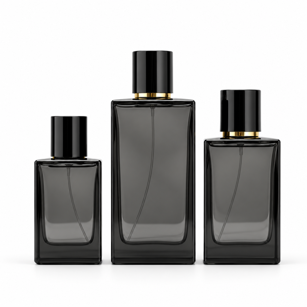 Smoky Gray Rectangular Glass Perfume Spray Bottle with Black Cap