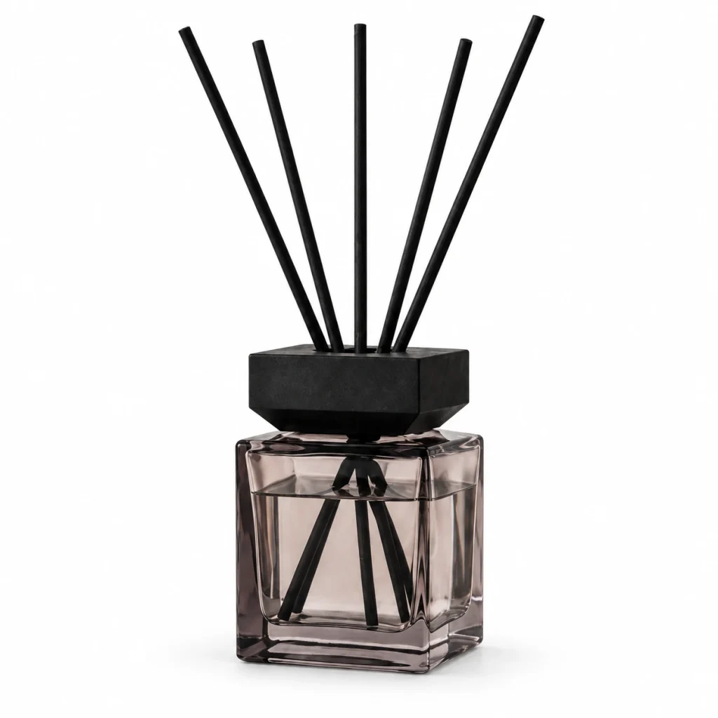 Smoky Gray Square Glass Reed Diffuser Bottle with Black Cap — DB0012 — main white background