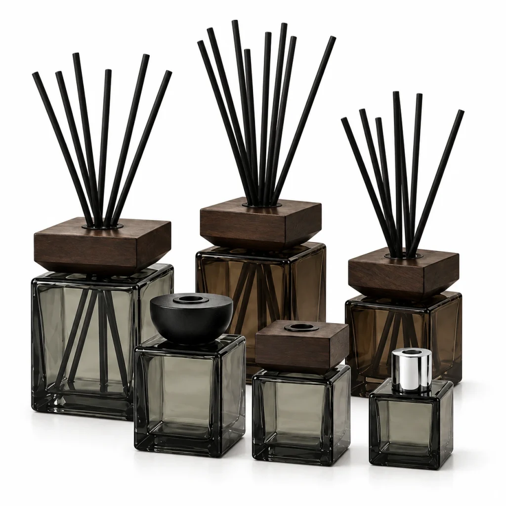 Smoky Square Glass Reed Diffuser Bottle – Multiple Sizes & Cap Styles — DB0025 — main white background