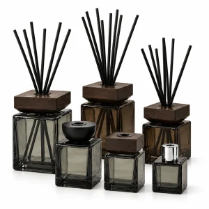 Smoky Square Glass Reed Diffuser Bottle – Multiple Sizes & Cap Styles — DB0025 — main white background