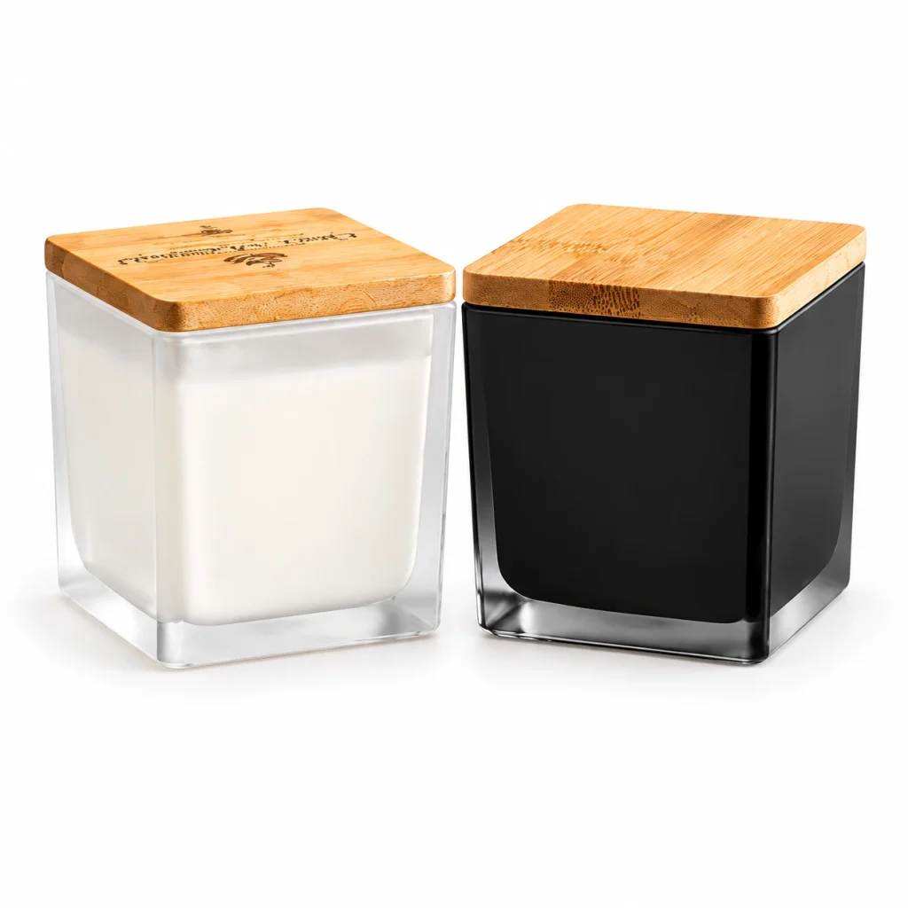 Square Glass Candle Jar with Bamboo Lid — CJ0014 — main white background