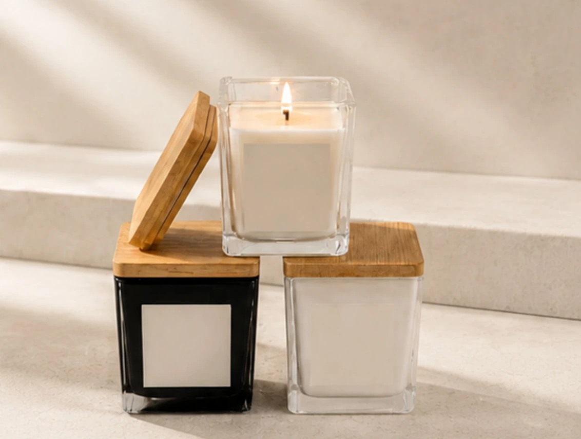 Square Glass Candle Jar with Wooden Lid — CJ0001 — gallery scene