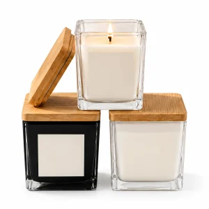 Square Glass Candle Jar with Wooden Lid — CJ0001 — main white background