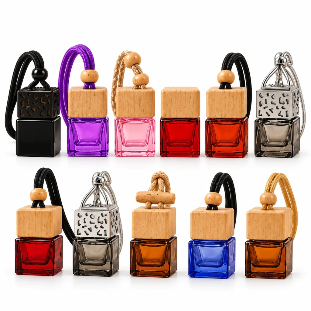 Square Glass Hanging Car Diffuser Bottle – Multiple Colors & Cap Styles — DB0026 — main white background