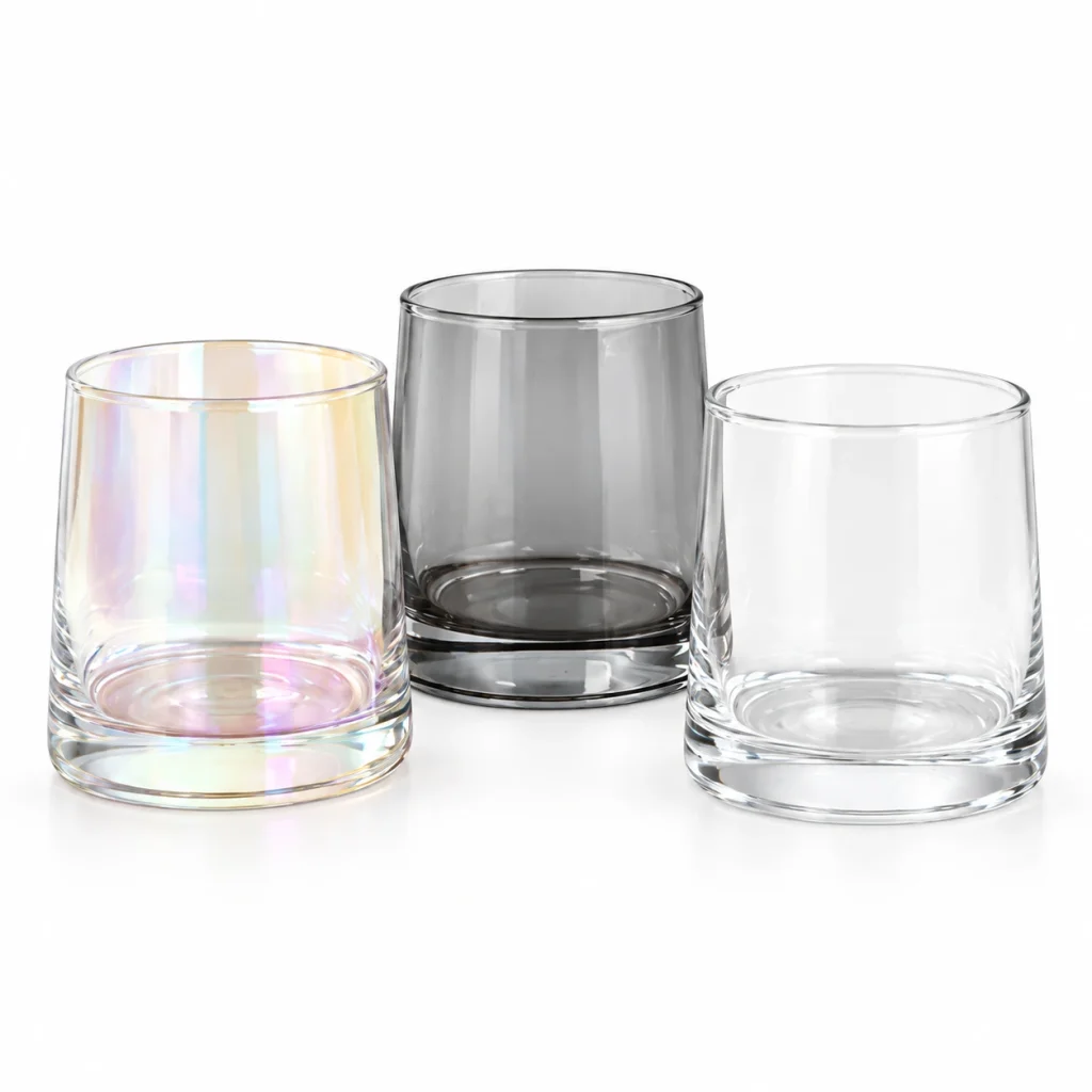 Thick Base Glass Candle Jar – Clear, Smoky Gray & Iridescent — CJ0018 — main white background